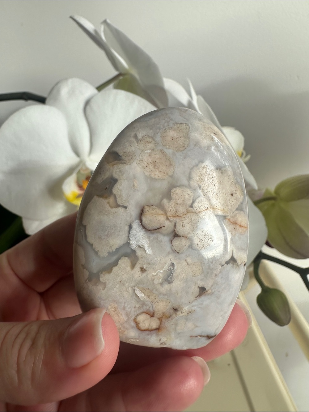 Polished pale purple flower agate freeform
